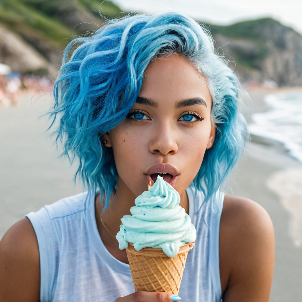 Beautiful biracial woman , blue hair, light blue eyes , extremely detailed face, lick ice cream on a beach 