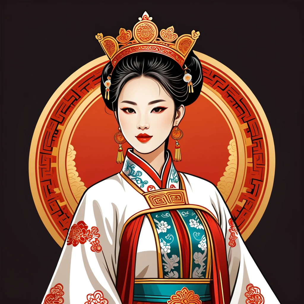 female king in chinese folk outfit, vector graphics, strong contours, logo design