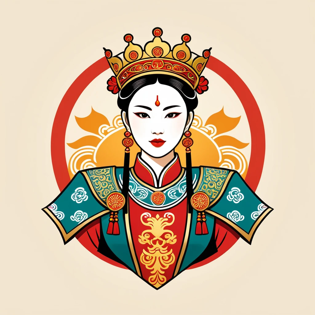 female king in chinese folk outfit, vector graphics, strong contours, logo design
