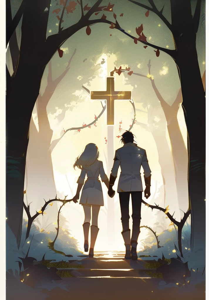 A man and a woman walking through the forest holding hands, Adam and Eve, tragen Animal skins, Animal skins, The Fall of Man, surrounded by thorns,artistic concept for a book cover