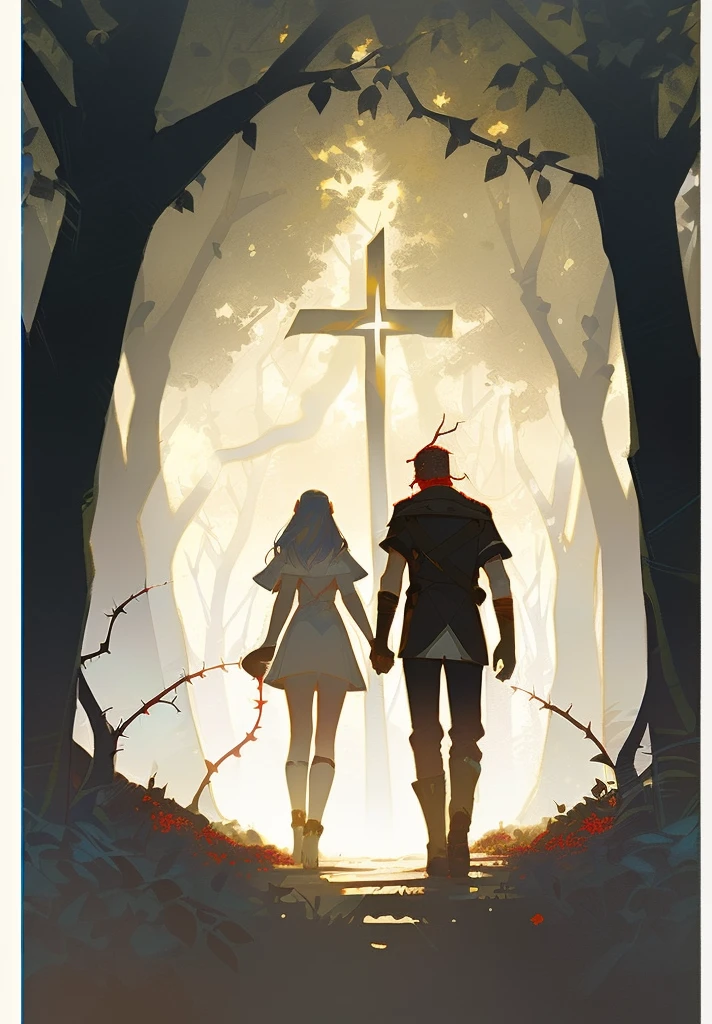 A man and a woman walking through the forest holding hands, Adam and Eve, tragen Animal skins, Animal skins, The Fall of Man, surrounded by thorns,artistic concept for a book cover