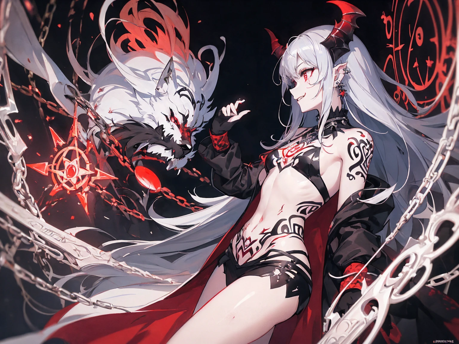 (Ashenhardt Style:1.4), masterpiece, 最high quality, high quality,(Glows dark red、Red eyes、darknessに囲まれた、Formless dark creature:1.2), (profile), (darkness:1.2), Abstraction, deep sea, Award-winning photography, Depth of written boundary, High resolution, Very detailed, Art Station Trends, CGSociety Trends, Complex, Attention to detail,(masterpiece:1.2, 最high quality), (Best lighting, Very delicate and beautiful), (Best lighting, Very delicate and beautiful), (美しいAttention to detail顔), (Attention to detail目と顔:1.2), Dark fantasy, (Young girl, Little Beast, One girl, alone, Crazy Smile, Pale skin,19 Piercings,((Tattoos all over the body,Tribal tattoos all over the legs)) Gray Hair, Glowing red eyes, Dynamic Angle, vampire), (get chains, magic circle, Graffiti on the wall, background)),conjuring a demon), Magic Thunder, pointed_ear, tooth,Devil's Wings,Devil horns,There was blood on my face,Rain of blood,Blood Mist,(Depth of written boundary),High Contrast,(Blood splatter:1.4),Cowboy Shot,whole body, Black lace-up thigh-high boots,shout, Sacrifice, Magnificent stage
