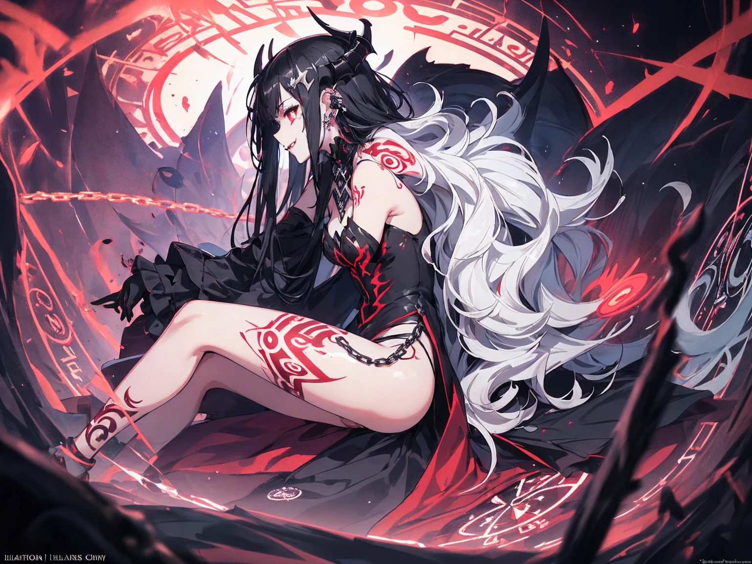 (ashenhard style:1.4), masterpiece, top-quality, hightquality,(Has a dark red glow and red eyes、Dark shapeless creatures surrounded by darkness:1.2), (In profile), (dark:1.2), abstraction, abyssal, awardwinning photo, depth of fields, HDR, ighly detailed, trending on artstationh, Trending in CGSighbour, Convoluted, High Detail,(masterwork:1.2、top-quality)、(The best lighting、extremely delicate and beautiful)、(The best lighting、extremely delicate and beautiful)、(beautifull detailed face)、(Detailed eyes and detailed face:1.2)、Dark Fantasy, (younggirl, Little beast, 1girl, 独奏, Crazy smile, pale skin,19 piercings,((tattoos all over the body,Tribal tattoos all over the legs)) white hair, eyes glowing red, Dynamic Angle, Vampires), ((Chains in the background,magic circles,graffiti on the walls,Get)),Get demons to be summoned), (Devil from Magic Circle)Magic Thunder, pointy_ears, tusk,Demon Wings,Demon Horns,Blood on the face,Blood Rain,Blood fog,(depth of fields),highcontrast,(blood splashing:1.4),((from the front side)),In front of the subject,cowboy shot,full bodyesbian, Black Lace Up Thigh Boots,shout,Birth,Magnificent stage