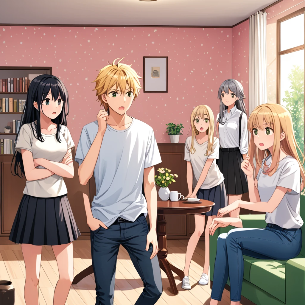 "In the wallpaper, we have a modern living room with light tones. In the middle of the room is a young man around 20 years old, wearing a shirt and jeans, standing with a surprised expression. Around him, there are four cat-girls: one girl with long black hair, white shirt and black skirt; one girl with blonde hair, pink dress; one girl with brown hair and active outfit; girls with gray hair and simple dresses. Everyone has a different expression, from thoughtful to worried. In the room there is a green sofa and a small table with a bright light.
