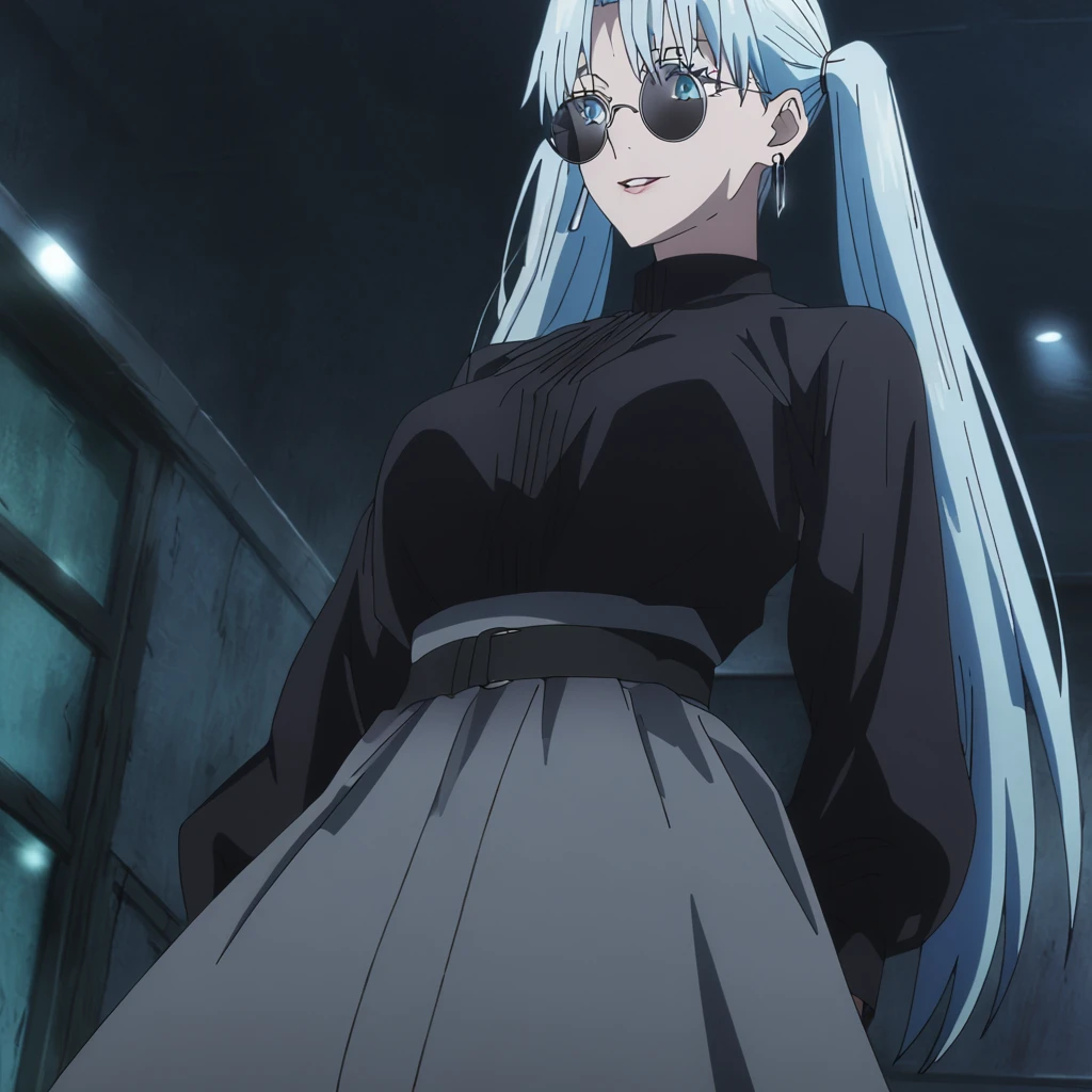 1girl, female gojo satoru, anime screencap from jujutsu kaisen, gojo satoru female version, solo, long_hair, ((Blue eyes, round sunglasses)) ((Silver_hair, twintail )) , night view, (hanging ) upper_body, smile, indoors, parted lips, (long hair) ((wearing black colour outfit, glossy)) breast, detailed and high resolution" (Blue eyes, round sunglasses ) ((solo)) (((front view))) (earings) ((high resolution)) ((good quality)) ((silky hair, twintail )) ((parted lips)) ((full body))