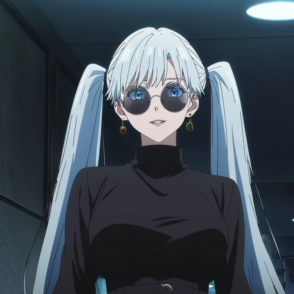 1girl, female gojo satoru, anime screencap from jujutsu kaisen, gojo satoru female version, solo, long_hair, ((Blue eyes, round sunglasses)) ((Silver_hair, twintail )) , night view, (hanging breasts) upper_body, smile, indoors, parted lips, (long hair) ((wearing black colour outfit, glossy)) breast, "very detailed and high resolution" (Blue eyes, round sunglasses ) ((solo)) (((front view))) (earings) ((high resolution)) ((good quality)) ((silky hair, twintail )) ((parted lips)) ((full body))