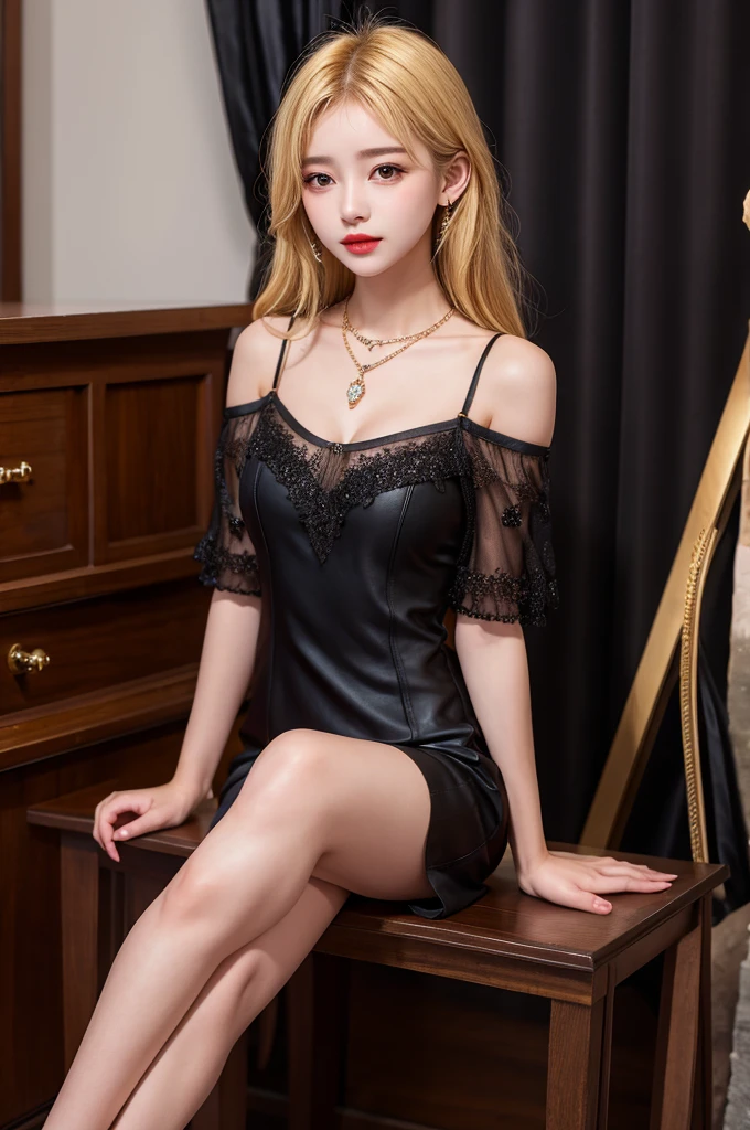 Highest quality,girl,cute,beautiful,Blonde,Sitting,Brown eyes,Black cabaret dress,Black Mini Dress,Diamond Necklace,
