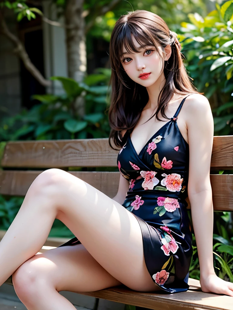 hi-school girl,, Japan Yukata, No bra, White clothes ,with floral pattern , Legs spread wide