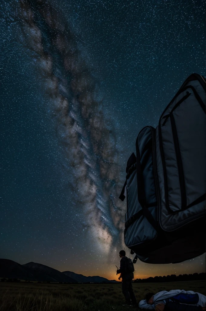 A man is seen lying on his back on a tiny blanket. next to a backpack. while looking at the night sky full of stars. Walker, a tired traveler sleeping on his back under the stars in the countryside