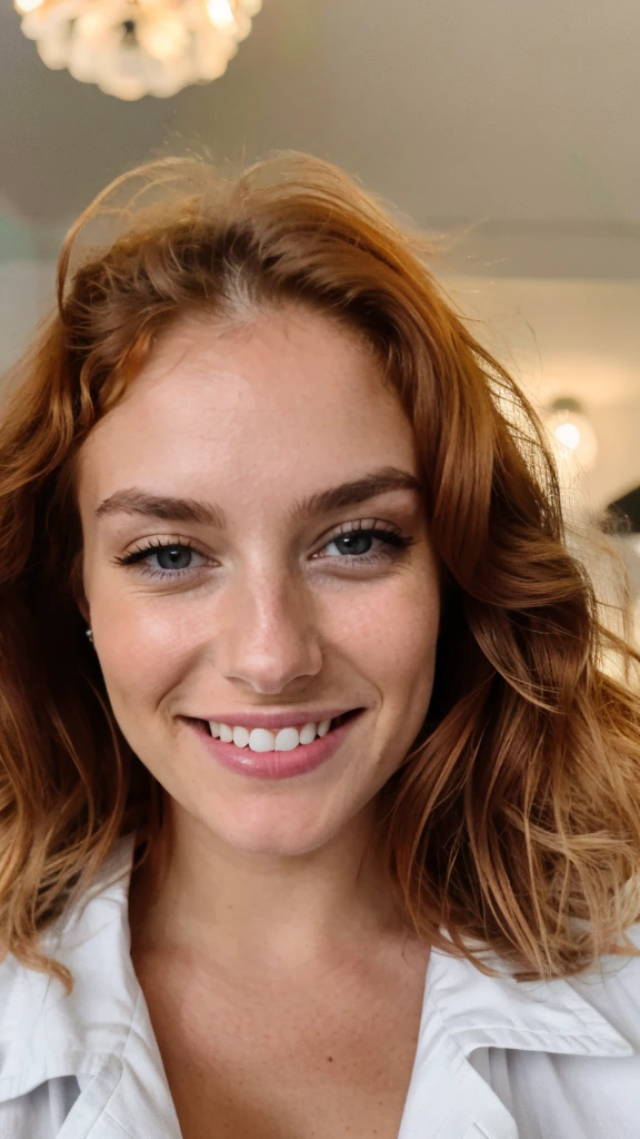 beautiful light redhead wearing orange casual clothes in her home in the evening (taking a selfie at home at night like an influencer), very detailled, 21 years old, inoccent face, natural wavy hair, blue eye, high resolution,work of art, best qualityer, details Intricate, very detailled, sharpening, skin detailed, realisitic skin texture, texture, detailedeyes, proffesional, 4K, charming smile, shot with Canon, 85mm, Shallow depth of field, Cores Kodak Vision, perfectly fitted body, extremely detaild, photoshot_\(ultra\), photorealisitic, realisitic, after treatment, Maximum details, roughness, real-life, ultra realisitic, photoshotrrealismo