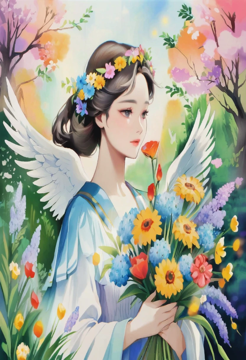 A woman holding a bouquet in a garden, portrait of a Beautiful angel, Beautiful angel, goddess of spring, of Beautiful angel, Beautiful woman angel, of an beautiful Angel Girl, Marie Angel, beautiful Angel Girl portrait, Angelic, Angelic絵がいっぱい, Angel Girl, Beautiful artwork illustration, Goddess of love and peace, Flower Goddess