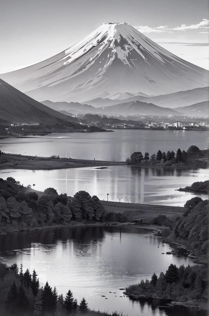 Mount Fuji and a tranquil lake landscape　thick outline　For coloring books