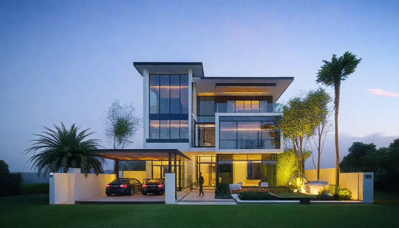 arafed house with a car parked in front of it, contemporary house, realistic architecture, large modern residence, concept house, modern house, precise architectural rendering, architectural render, inter dimensional villa, architectural visualization, award-winning render, overall architectural design, architectural 3 d render, render to resolute perfection, one house, architectural visualisation, exterior design