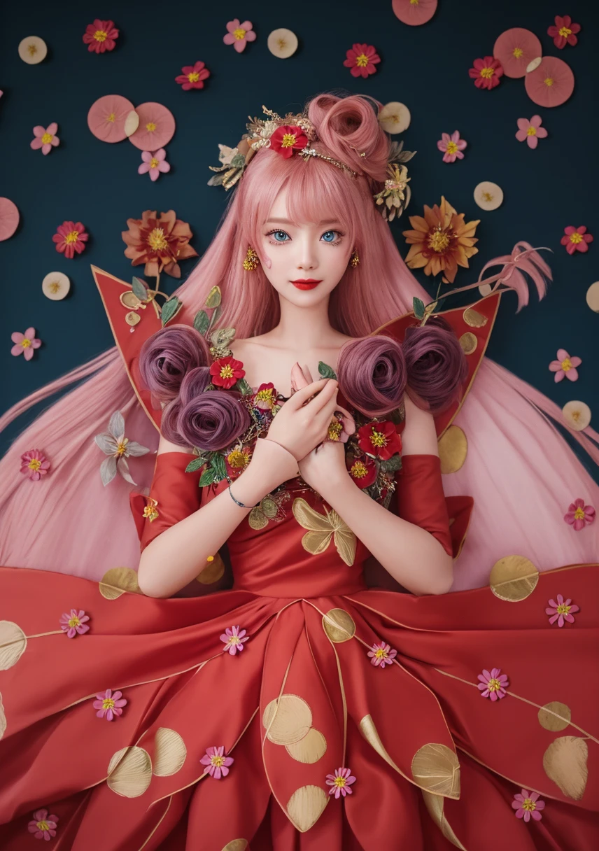There is a woman in a red dress with flowers on her head - SeaArt AI