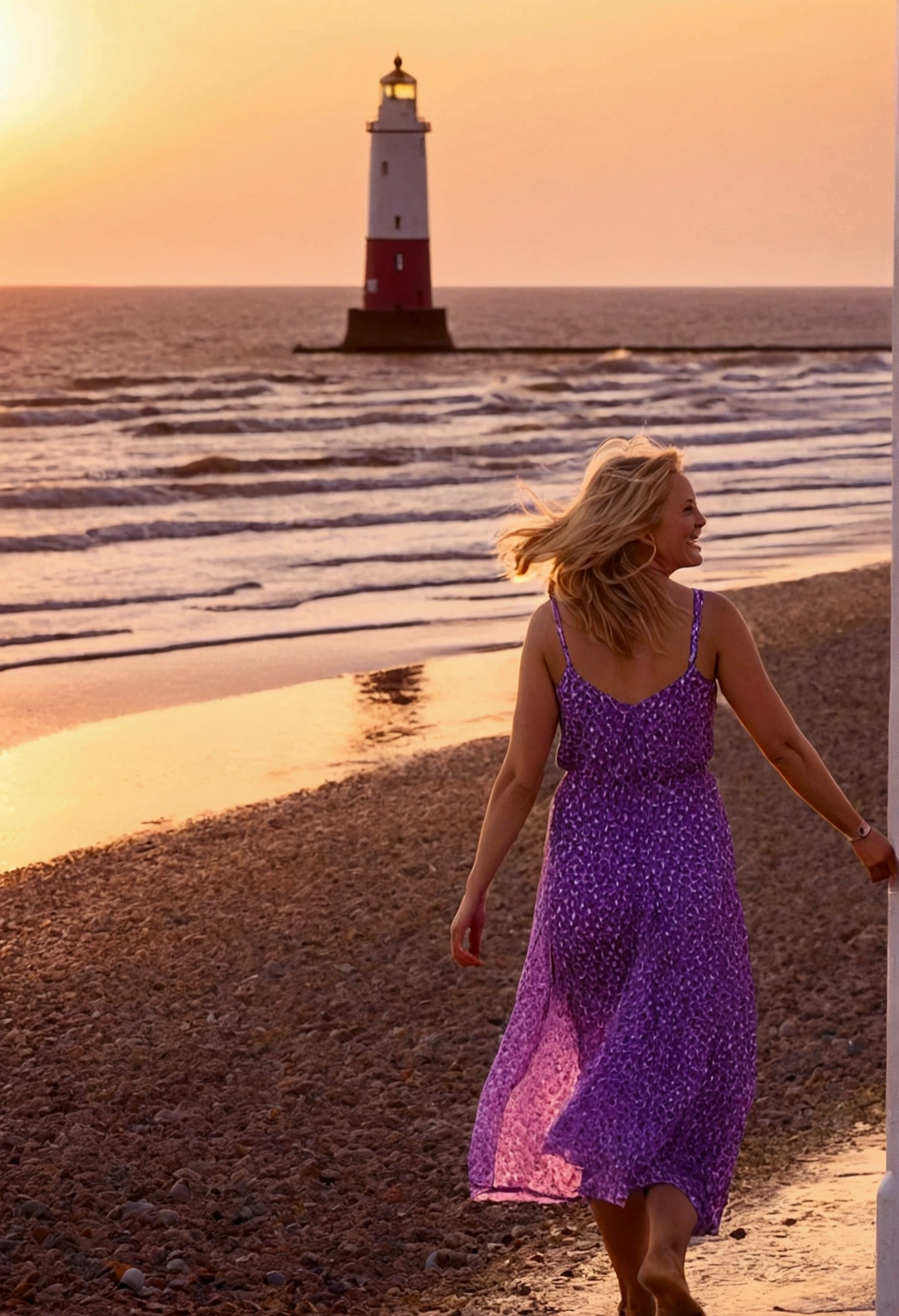 beach walk, 1 happy woman, sun set, North Sea, lighthouse in the background, summer dress in purple