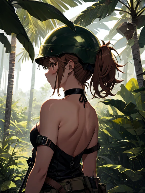 jungle, Explorer, Soldier, Amazon, Helmet, Back view, Shooting from a distance, Misaka Mikoto, 1girl, black choker, uhd, retina, masterpiece, ccurate, anatomically correct, textured skin, super detail, high details, high quality, best quality, highres, 4K