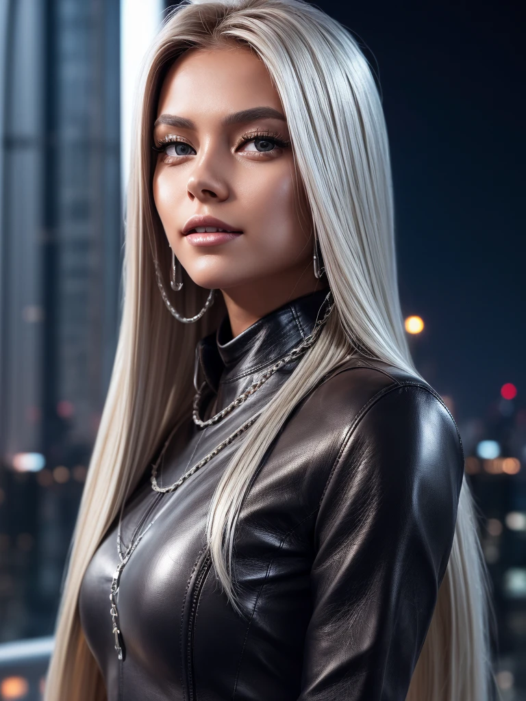 Cristy Ren with long blonde hair as a business CEO, professional hairstyle, perfect eyes, high arched eyebrows, (elegant leather dress with silver chains:1.3), (Knee high boots:1.3), backlight on hair, shallow depth of field, facing the camera, hi-res, 8k, cinematic light, smile, luxury hotel bedroom, night time sky