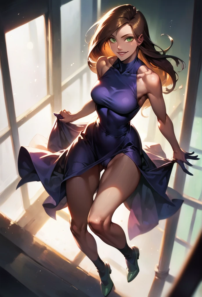 score_9, score_8_above, score_7_above, score_6_above, score_5_above, (high quality, detailed, beautiful), detailed soft lighting, classification_explicit, 1 girl, Kim Possible, Brown hair, who is sitting inside a limousine, looking sexy, beautiful eyes, Open eyes, smiling, (green lantern costume:1.2), (darkness:1.2), (full body portrait:1.2), camel toe, sharp focus, portrait, studio lighting, bokeh, (masterpiece, Best Quality), (High resolution), perfect face, flawless, professional artwork, art station, cinematic lighting, beautiful face, beautiful eyes, large eyes, bright Eyes, beautiful smile, perfect hands, anatomically correct, perfect anatomy. violet dress color.