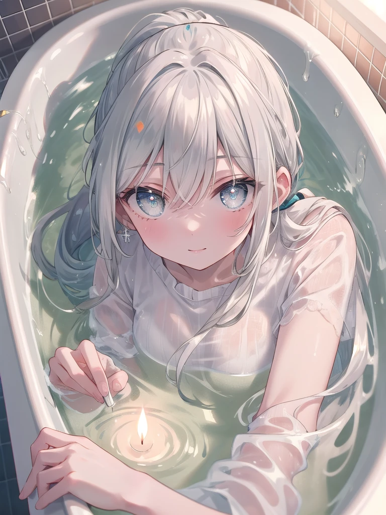 (8k, Best Quality, Masterpiece: 1.4), Ultra High Resolution, 1 Girl, Solo, ((Color Shifting Eyes, Hyper Detail, Expressive Eyes)), Ultra Detailed Face, Random Hair, Silver-Grey Color, Ecstatic Expression, She is soaking in a bathtub in a luxurious marble bathroom. The flickering candlelight creates a relaxing atmosphere. Her silver hair is tied in a ponytail and is photographed from a low angle as she relaxes in the bathtub with a serene expression.