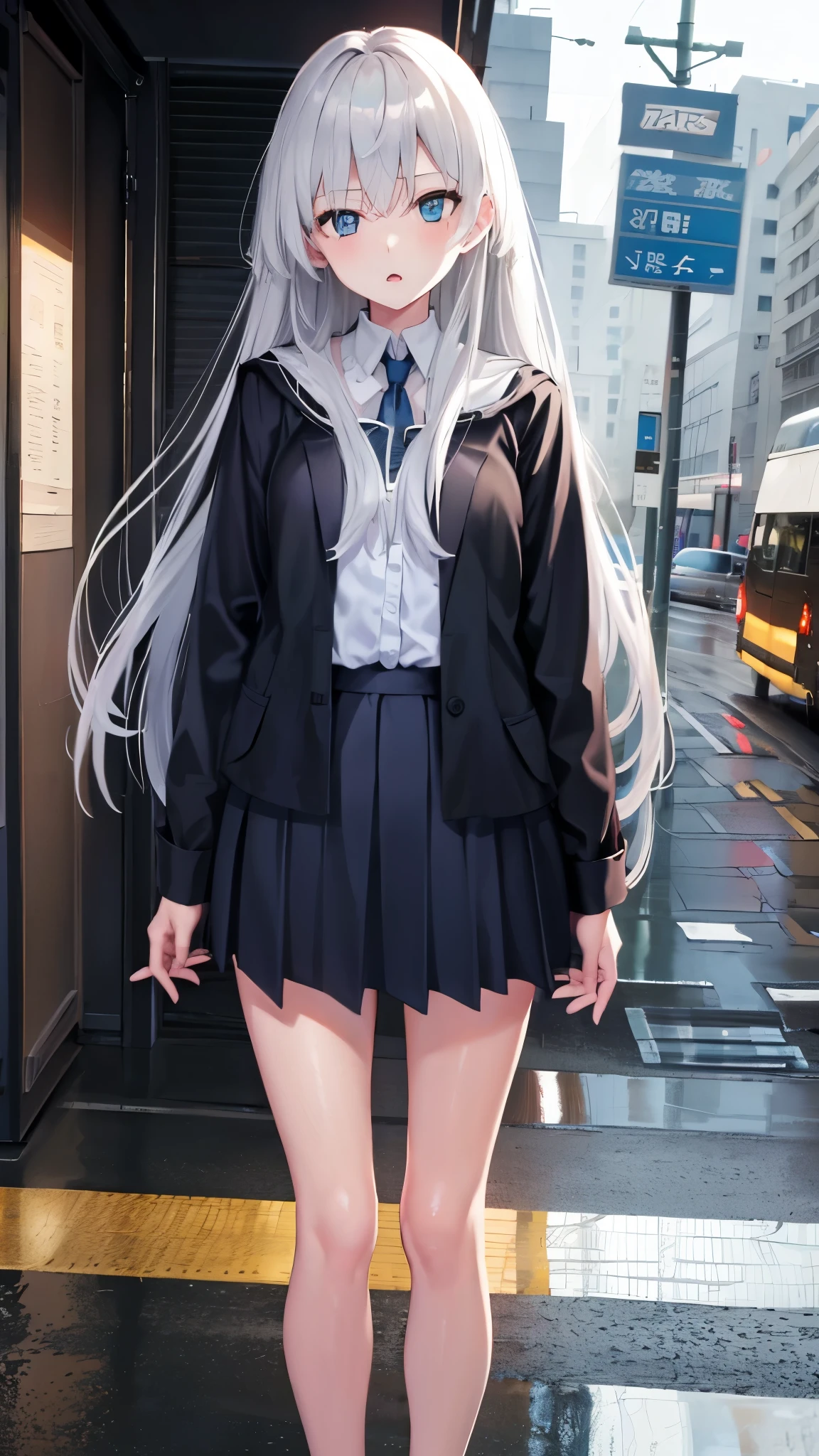 skirt, (Unbroken body), (Perfect body structure), (arms two), (legs two), highest quality, 4K, (High resolution: 1.3) masterpiece , 1.2, Super detailed, HDR, Studio Lighting, Sharp Focus, Bright colors, Portrait, Warm tones, Soft Lighting,Silver Hair、Blue Eyes、long hair、Rainy bus stop、Standing picture, front