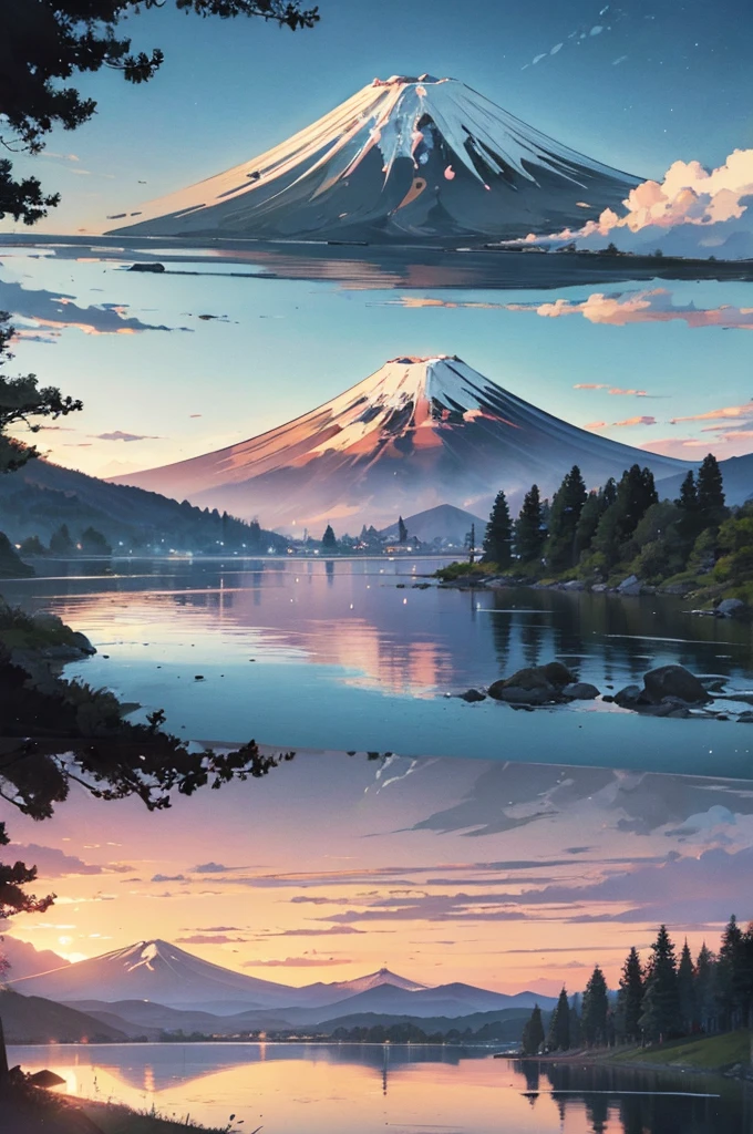 Mount Fuji and a tranquil lake landscape　For coloring books　thick outline　