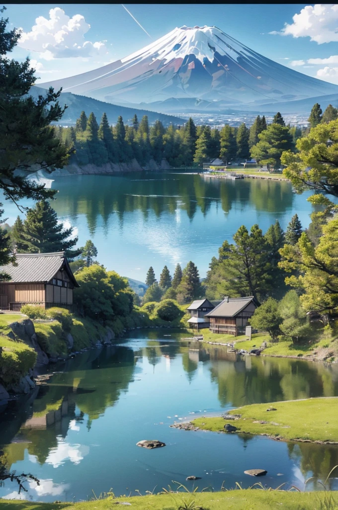 Mount Fuji and a tranquil lake landscape　For coloring books　thick outline　
