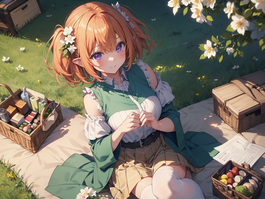 (Recall,food:1.3),(picnic:1.3),basket, Elf Ears, Park with a view, Highest quality, grassland park, blue sky, hiking, Best image quality,Perfect Anatomy,masterpiece,Ultra-detailed,beautiful,super high quality, Highest quality,High resolution, Very detailed,Game CG,Dutch Angle ,beautiful細部までこだわった目,Visual Arts,Five Fingers, Perfect hands,Hide your hands, {{{One Girl}}}, beautiful詳細な***, Game CG, Spring flower, One curl on the outside, Short Bob Hair, Pastel orange hair, Purple eyes,Stylish accessories solo, breast enhancement, Medium Shoot, woman, Take-out, Laughter, huge ,,Pastel green checkered mini skirt,Black knee-highs, {{{{{Wearing a pastel green camisole}}}}},Open your mouth, wonderful, beautiful細部までこだわった目, Highest quality, Very delicate,Masseter muscle area,Highest quality,(Official Art、Highest quality、Unity 8k wallpaper、32K、masterpiece、Ultra-detailed、超High resolution、Realistic、Photorealistic:1.2)、(Cinema Lighting:1.2)、Fire Glow Effect、The most grainy shadows on the film、Side light、Side Shot、(Ultra-detailedで複雑な3Dレンダリング)、Atelier Series, Multiple Girls