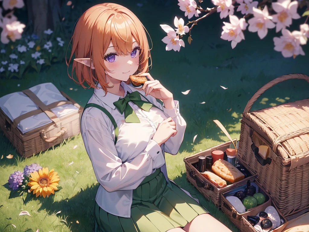 (Recall,food:1.3),(picnic:1.3),basket, Elf Ears, Park with a view, Highest quality, grassland park, blue sky, hiking, Best image quality,Perfect Anatomy,masterpiece,Ultra-detailed,beautiful,super high quality, Highest quality,High resolution, Very detailed,Game CG,Dutch Angle ,beautiful細部までこだわった目,Visual Arts,Five Fingers, Perfect hands,Hide your hands, {{{One Girl}}}, beautiful詳細な女の子, Game CG, Spring flower, One curl on the outside, Short Bob Hair, Pastel orange hair, Purple eyes,Stylish accessories solo, breast enhancement, Medium Shoot, woman, Take-out, Laughter, huge ,,Pastel green checkered mini skirt,Black knee-highs, {{{{{Wearing a pastel green camisole}}}}},Open your mouth, wonderful, beautiful細部までこだわった目, Highest quality, Very delicate,Masseter muscle area,Highest quality,(Official Art、Highest quality、Unity 8k wallpaper、32K、masterpiece、Ultra-detailed、超High resolution、Realistic、Photorealistic:1.2)、(Cinema Lighting:1.2)、Fire Glow Effect、The most grainy shadows on the film、Side light、Side Shot、(Ultra-detailedで複雑な3Dレンダリング)、Atelier Series, Multiple Girls