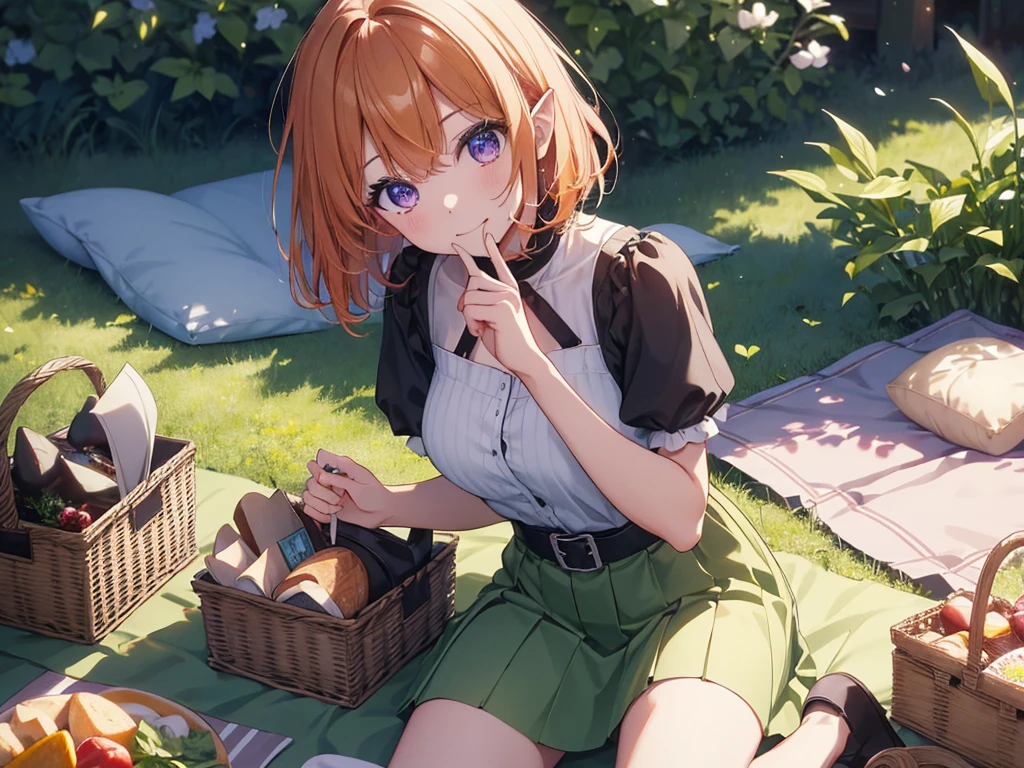 (Recall,food:1.3),(picnic:1.3),basket, Elf Ears, Park with a view, Highest quality, grassland park, blue sky, hiking, Best image quality,Perfect Anatomy,masterpiece,Ultra-detailed,beautiful,super high quality, Highest quality,High resolution, Very detailed,Game CG,Dutch Angle ,beautiful細部までこだわった目,Visual Arts,Five Fingers, Perfect hands,Hide your hands, {{{One Girl}}}, beautiful詳細な***, Game CG, Spring flower, One curl on the outside, Short Bob Hair, Pastel orange hair, Purple eyes,Stylish accessories solo, breast enhancement, Medium Shoot, woman, Take-out, Laughter, huge ,,Pastel green checkered mini skirt,Black knee-highs, {{{{{Wearing a pastel green camisole}}}}},Open your mouth, wonderful, beautiful細部までこだわった目, Highest quality, Very delicate,Masseter muscle area,Highest quality,(Official Art、Highest quality、Unity 8k wallpaper、32K、masterpiece、Ultra-detailed、超High resolution、Realistic、Photorealistic:1.2)、(Cinema Lighting:1.2)、Fire Glow Effect、The most grainy shadows on the film、Side light、Side Shot、(Ultra-detailedで複雑な3Dレンダリング)、Atelier Series, Multiple Girls