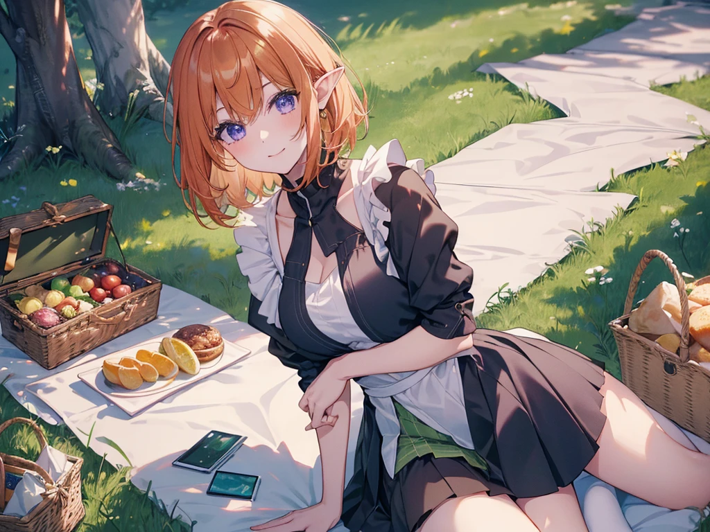 (Recall,food:1.3),(picnic:1.3),basket, Elf Ears, Park with a view, Highest quality, grassland park, blue sky, hiking, Best image quality,Perfect Anatomy,masterpiece,Ultra-detailed,beautiful,super high quality, Highest quality,High resolution, Very detailed,Game CG,Dutch Angle ,beautiful細部までこだわった目,Visual Arts,Five Fingers, Perfect hands,Hide your hands, {{{One Girl}}}, beautiful詳細な女の子, Game CG, Spring flower, One curl on the outside, Short Bob Hair, Pastel orange hair, Purple eyes,Stylish accessories solo, breast enhancement, Medium Shoot, woman, Take-out, Laughter, huge ,,Pastel green checkered mini skirt,Black knee-highs, {{{{{Wearing a pastel green camisole}}}}},Open your mouth, wonderful, beautiful細部までこだわった目, Highest quality, Very delicate,Masseter muscle area,Highest quality,(Official Art、Highest quality、Unity 8k wallpaper、32K、masterpiece、Ultra-detailed、超High resolution、Realistic、Photorealistic:1.2)、(Cinema Lighting:1.2)、Fire Glow Effect、The most grainy shadows on the film、Side light、Side Shot、(Ultra-detailedで複雑な3Dレンダリング)、Atelier Series, Multiple Girls