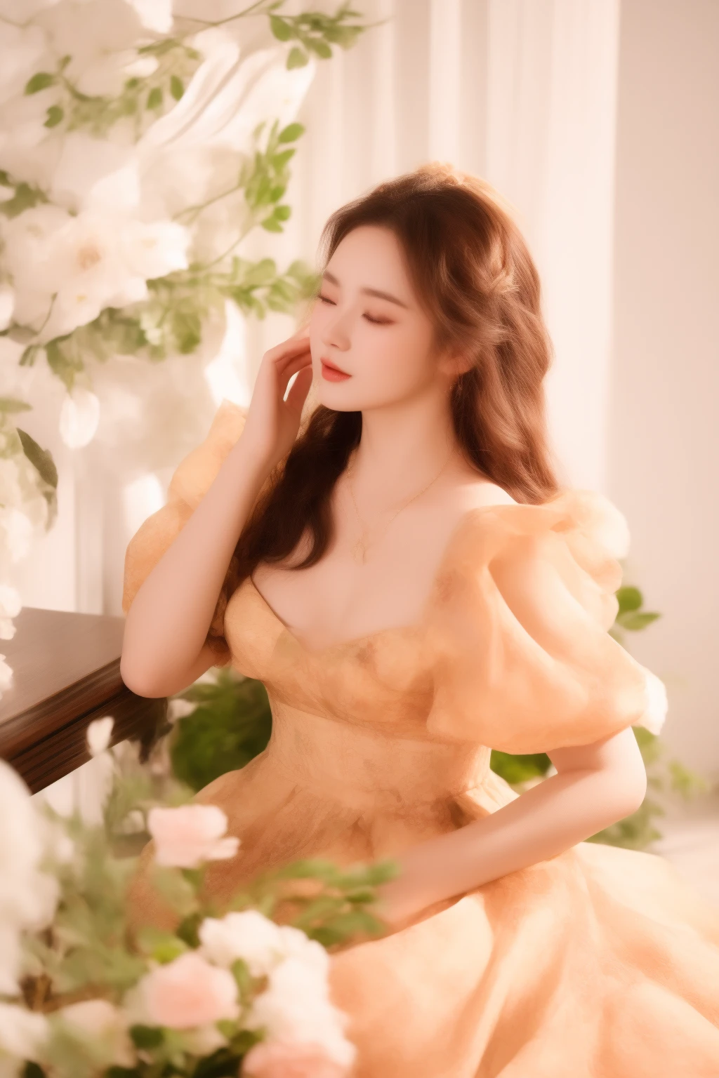 there is a woman in a dress sitting in front of a table, lady with glowing flowers dress, rococo queen, inspired by Huang Ji, inspired by Jeong Seon, romantic dress, floral dream, lovely woman, inspired by Sim Sa-jeong, song hye - kyo, dressed in a flower dress, # rococo, wearing organza gown, lovely queen