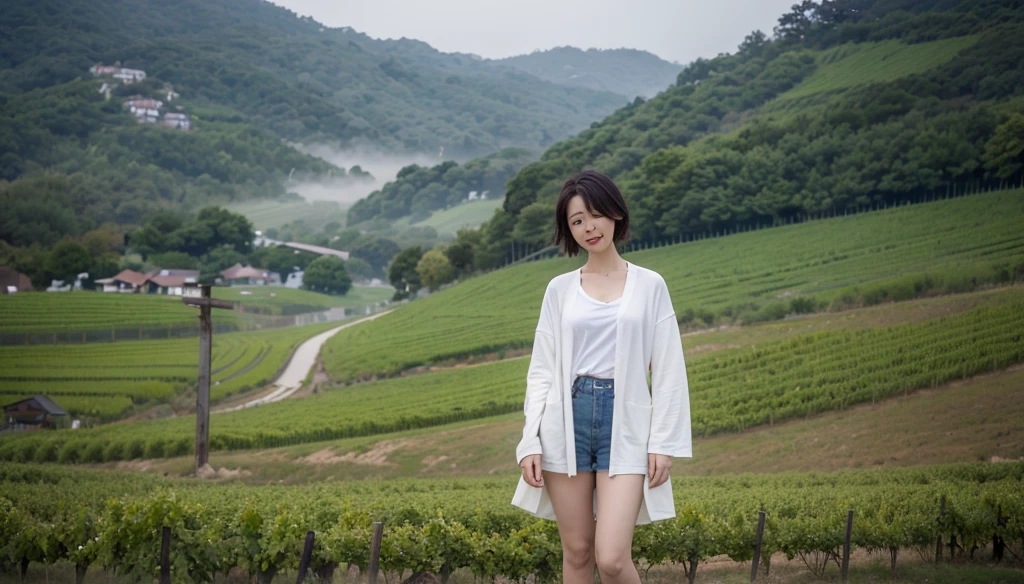 8k realistic, lifelike photo,, 36 year old Korean woman, Short in stature, pretty like a model. White shirt and short cardigan, casual pants, short medium hair, Smiley, Italy. vineyard, thick dawn fog. vineyard 멀리 짙은 안개 속으로 성당이 보인다.  Full body shot from afar with a wide angle lens , 1 woman, Short in stature, Excellent picture quality, The morning fog is thick, The picture quality is alive. Full body shot with Canon 16-35 wide angle lens, Look to the side