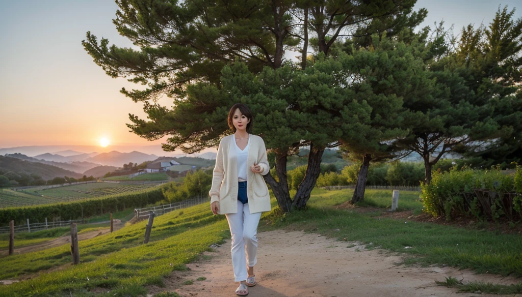 8k realistic, lifelike photo,, 36 year old Korean woman, Short in stature, pretty like a model. White shirt and short cardigan, casual pants, short medium hair, Smiley, Italy. vineyard, thick dawn fog. vineyard 멀리 짙은 안개 속으로 성당이 보인다. Full body shot from afar with a wide angle lens , 1 woman, Short in stature, Excellent picture quality, The morning fog is thick, The picture quality is alive. Full body shot with Canon 16-35 wide angle lens, Look to the side