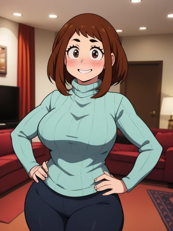 high quality, best quality, beautiful, perfect lighting, detailed face, mature face, ((1girl)), ((solo)), Imagine Ochaco Uraraka as an adult, 45 years old, short brown hair, brown eyes, ((blush)), smile, looking at viewer, black leggings, turtleneck sweater, ((medium breasts)), wide hips, thick thighs, chubby, living room, hands on hips,
