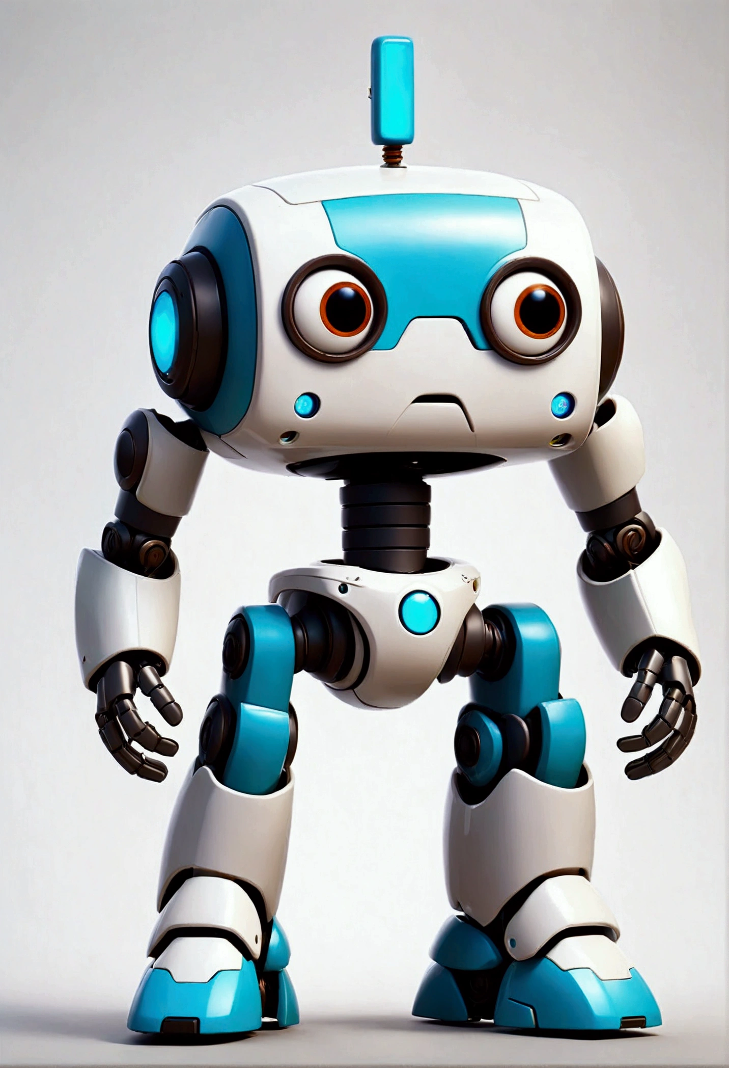 small tender robot like wally-e , short legs, rectangular rectangular head with eyes ((front, side, back views of the same character)) , white background
