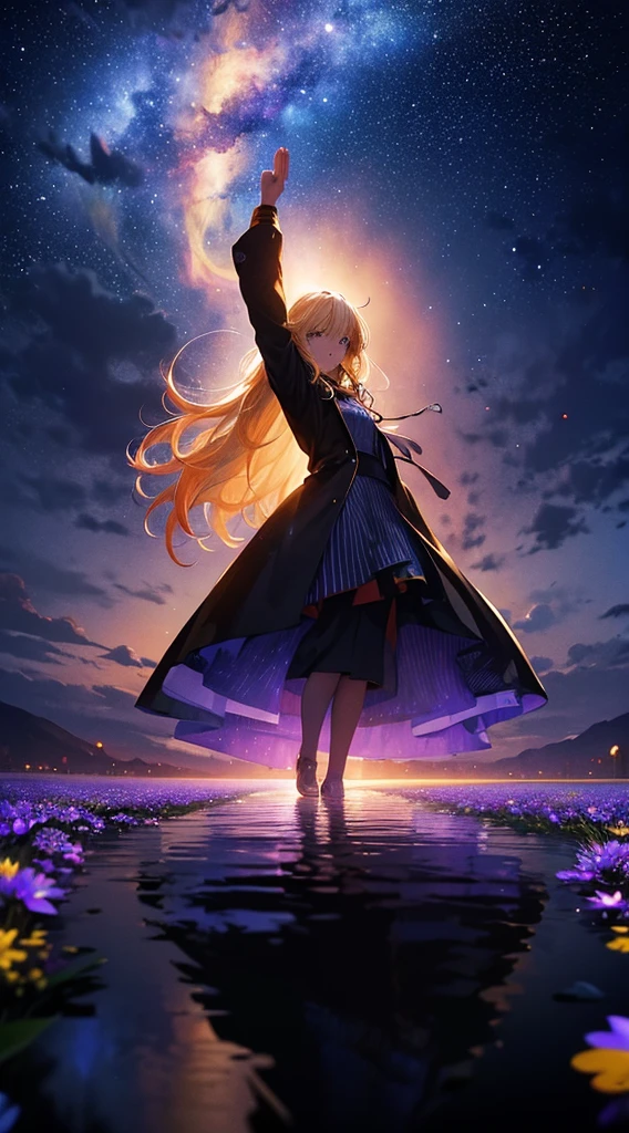 1people々々々々々々々,Blonde long-haired woman,Fist raised up in the air,Long coat, Dress Silhouette, Rear View,Space Sky, Starry Sky,rainbow,Flower Field,Colorful flowers