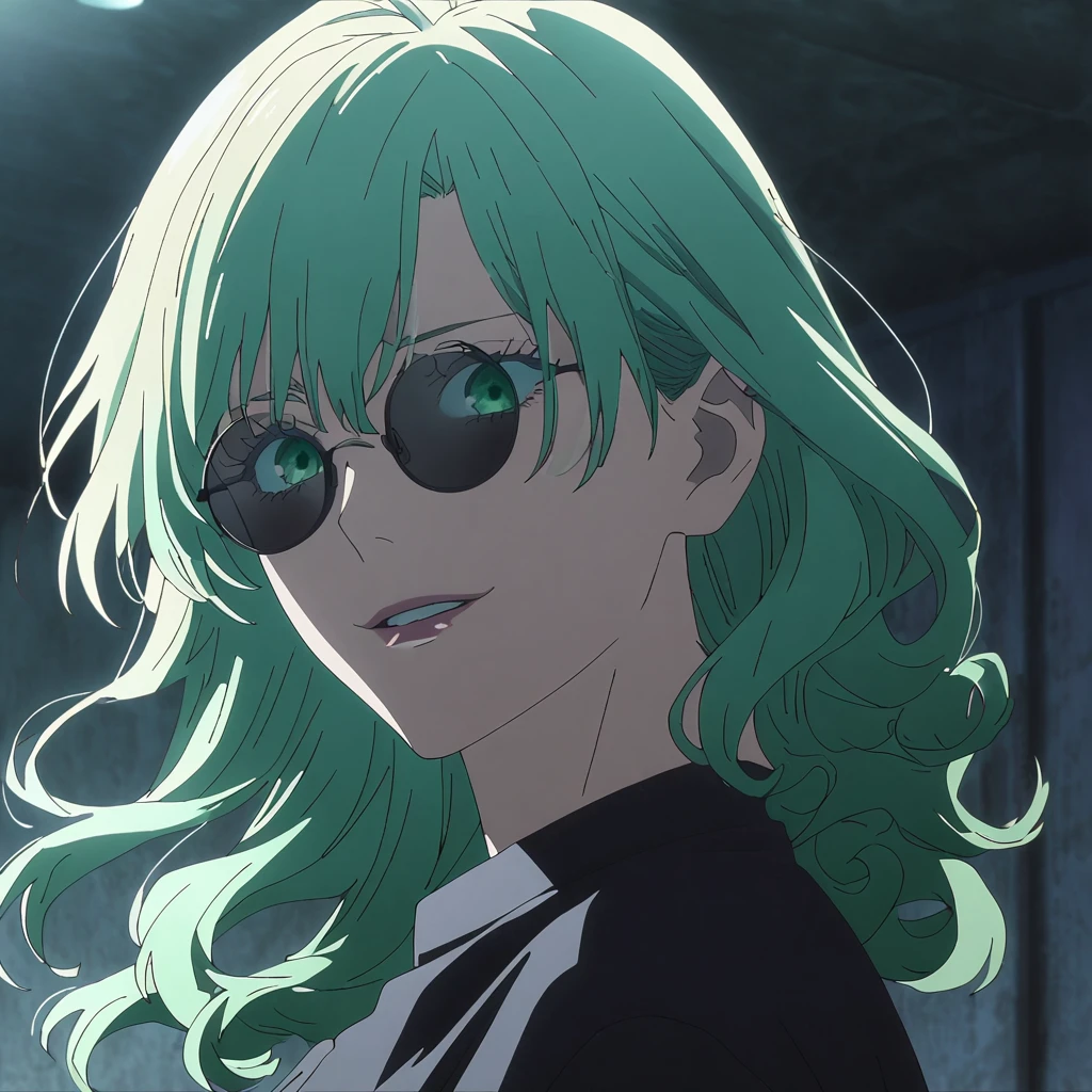 1girl, female gojo satoru, anime screencap from jujutsu kaisen, gojo satoru female version, solo, long_Green hair, black round sunglasses, Green Eyes, parted_lips, smiling, looking_at_viewer, perfect background, indoors, side view, white_hair, bangs, eyelashes, portrait, black_shirt, shirt, hair_between_eyes, floating hair, (curly hair) ((moonlight on the character)) 