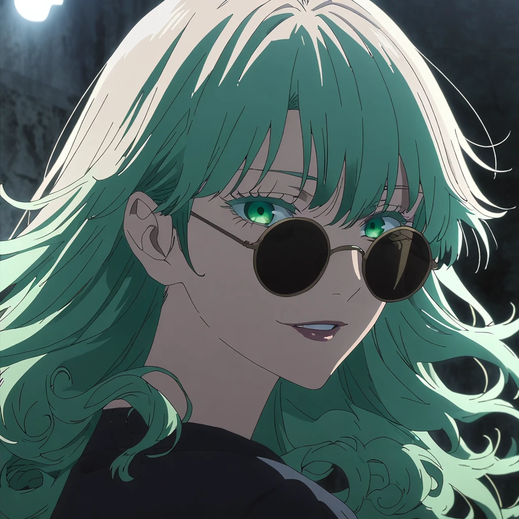 1girl, female gojo satoru, anime screencap from jujutsu kaisen, gojo satoru female version, solo, long_Green hair, black round sunglasses, Green Eyes, parted_lips, smiling, looking_at_viewer, perfect background, indoors, side view, white_hair, bangs, eyelashes, portrait, black_shirt, shirt, hair_between_eyes, floating hair, (curly hair) ((moonlight on the character)) 