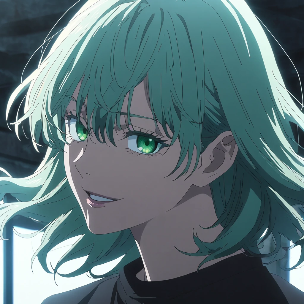 1girl, female gojo satoru, anime screencap from jujutsu kaisen, gojo satoru female version, solo, long_Green hair, black round sunglasses, Green Eyes, parted_lips, smiling, looking_at_viewer, perfect background, indoors, side view, white_hair, bangs, eyelashes, portrait, black_shirt, shirt, hair_between_eyes, floating hair, (curly hair) ((moonlight on the character)) 