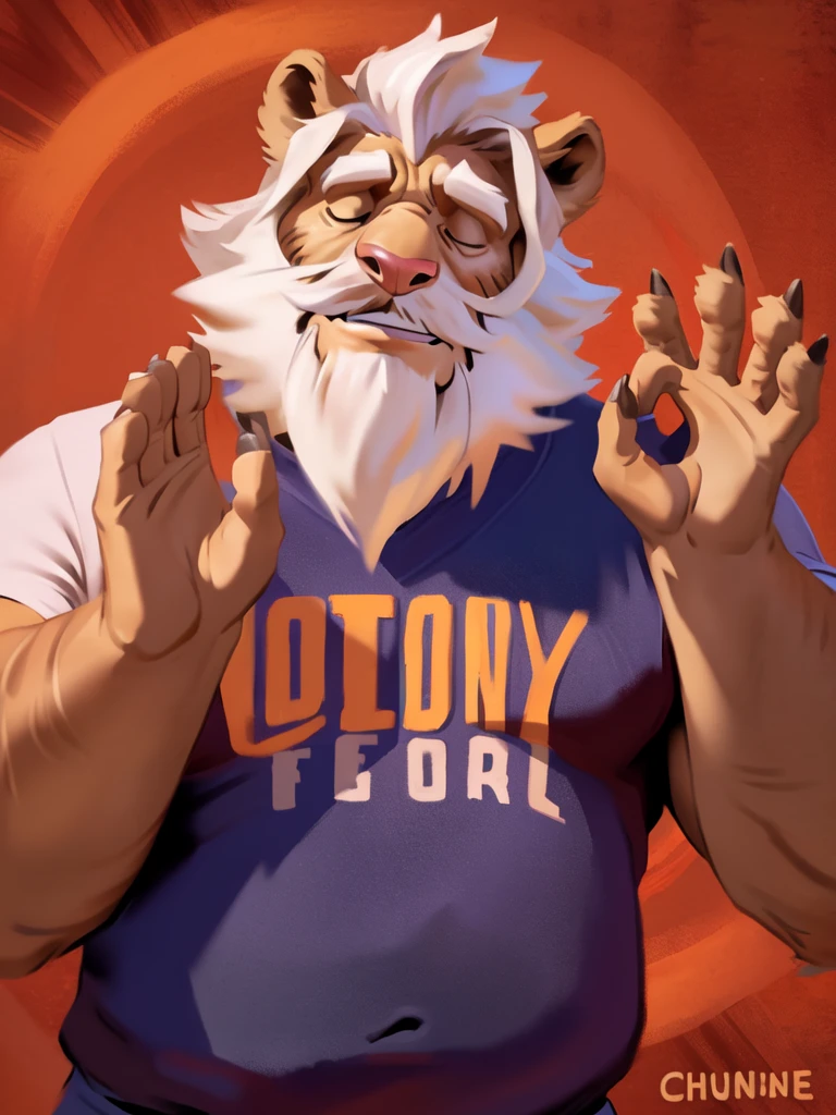 by chunie by catsudon by retros, male,((mature,mature male)),((Bearded,mustache)), felid, solo, Lion,dad bod,(white hair), facial hair, facing viewer, (((closed eyes))), ((smilling)), feline claws, ((5 fingers)), red and orange spiral background, white shirt, smile, ((((ok gesture)))), palm forward,
