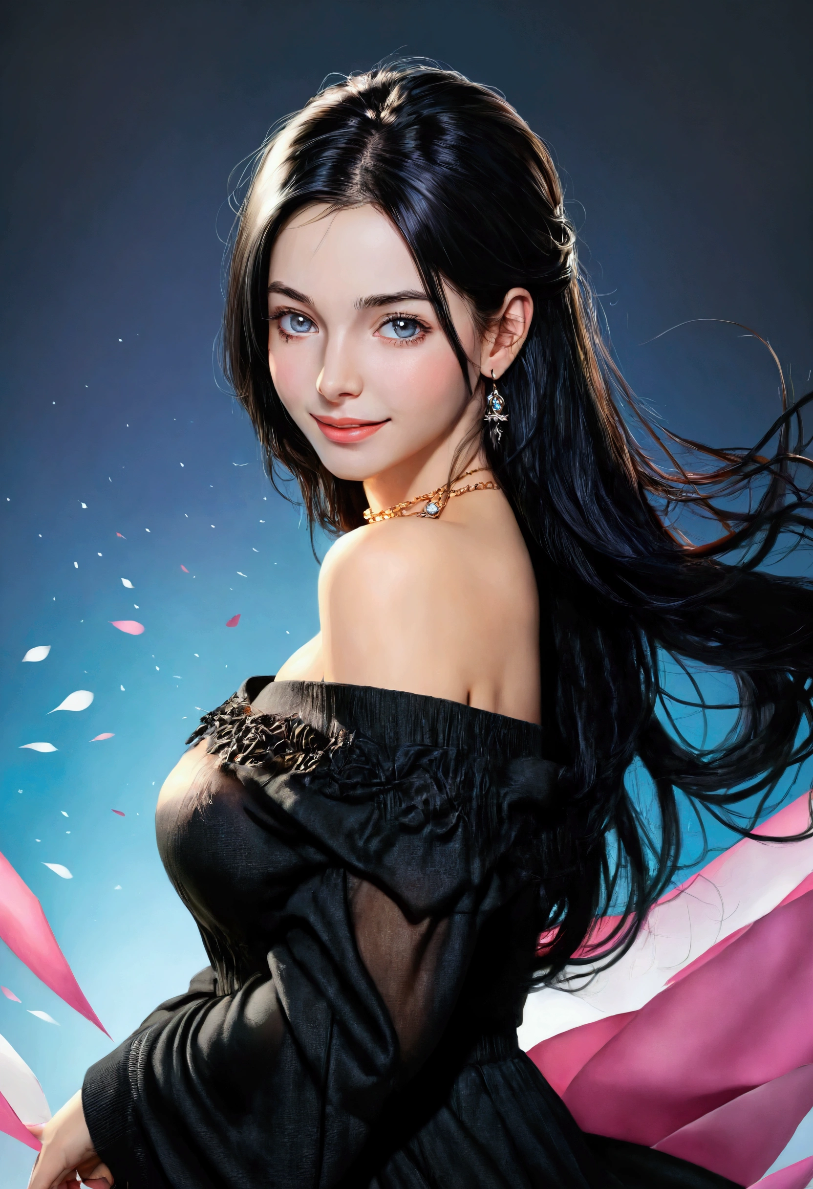 (Tabletop, Digital Art, Digital Illustration, 4K, 8k, Very detailed, Beautiful images, Clear images, Realistic, RAW Photos, Perfect Face, Perfect Lines, Perfect Eyes, Soft lighting) ,1 female, (Long black hair,Bullish gaze,Beautiful woman,Mouth closed,Grin,mature,thin,19-year-old female,:1.3),Wearing an off-the-shoulder black sweater, She looks at the viewer.、Earrings and necklace in rose gold、Black and blue gradient background