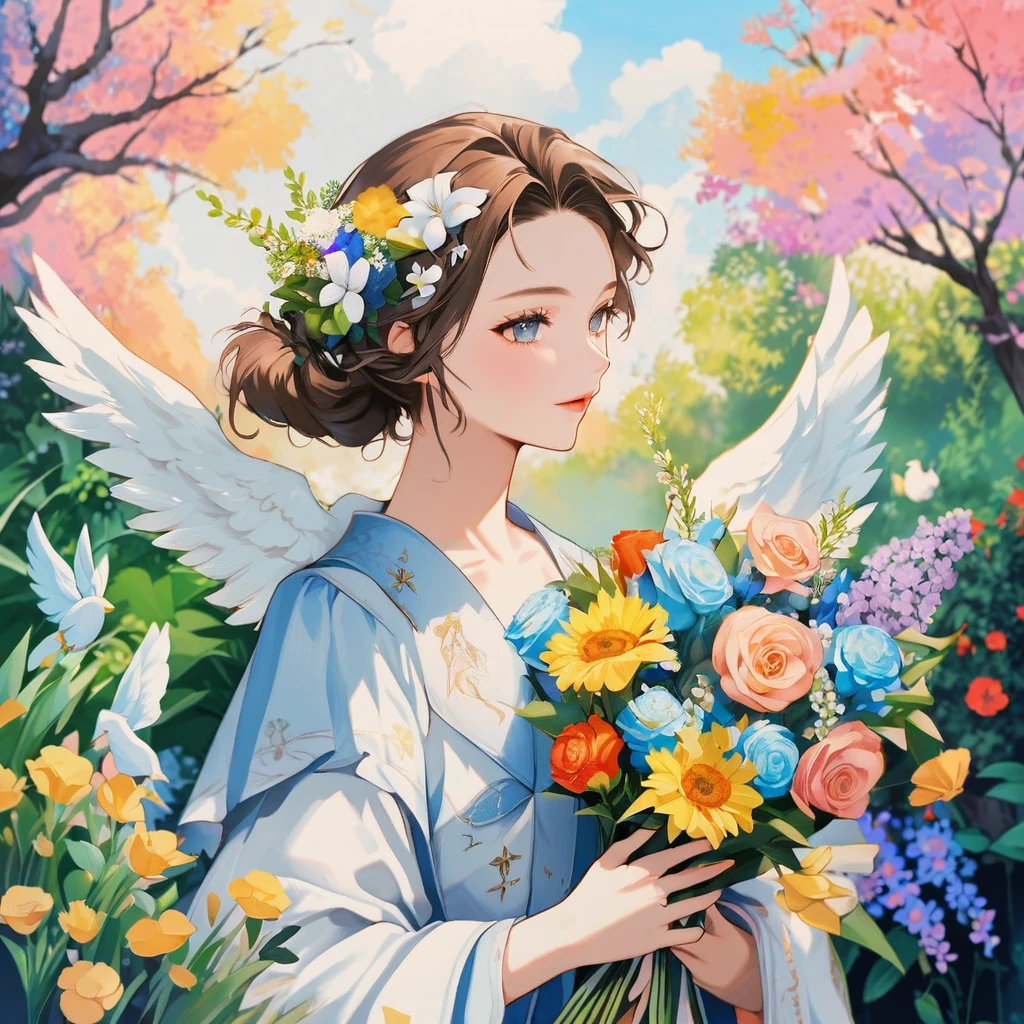 A woman holding a bouquet in a garden, portrait of a Beautiful angel, Beautiful angel, goddess of spring, of Beautiful angel, Beautiful woman angel, of an beautiful Angel Girl, Marie Angel, beautiful Angel Girl portrait, Angelic, Angelic絵がいっぱい, Angel Girl, Beautiful artwork illustration, Goddess of love and peace, Flower Goddess
