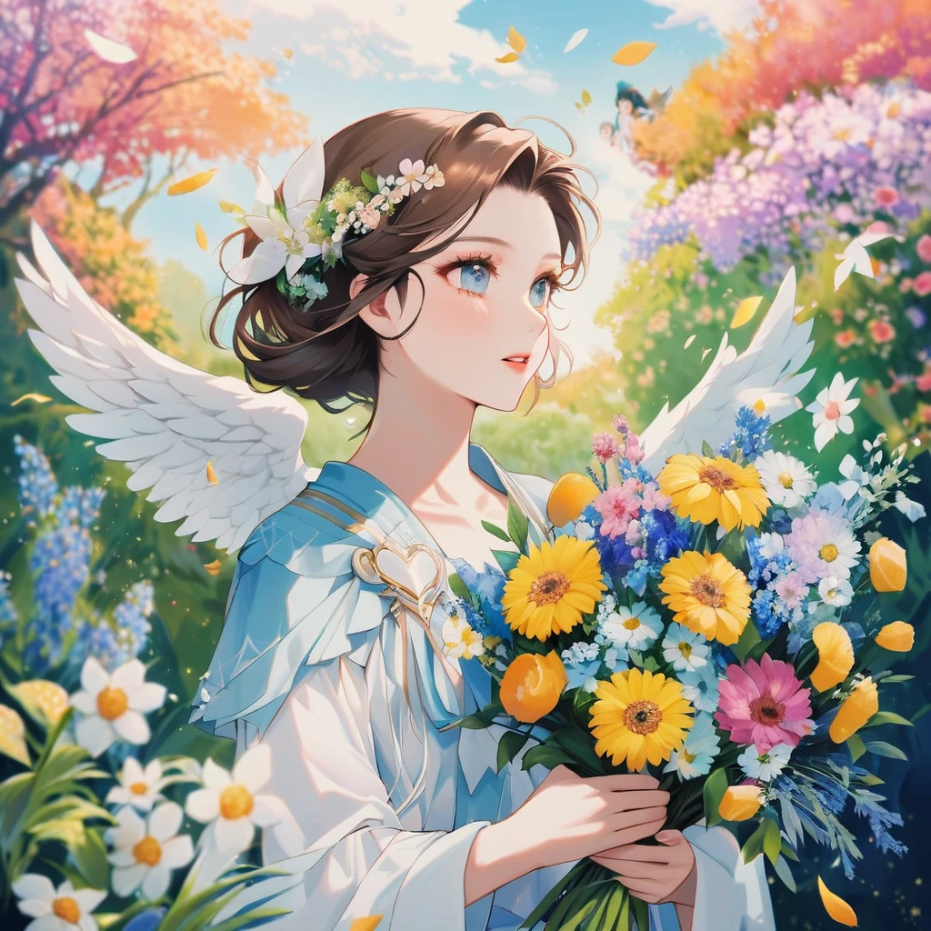 A woman holding a bouquet in a garden, portrait of a Beautiful angel, Beautiful angel, goddess of spring, of Beautiful angel, Beautiful woman angel, of an beautiful Angel Girl, Marie Angel, beautiful Angel Girl portrait, Angelic, Angelic絵がいっぱい, Angel Girl, Beautiful artwork illustration, Goddess of love and peace, Flower Goddess