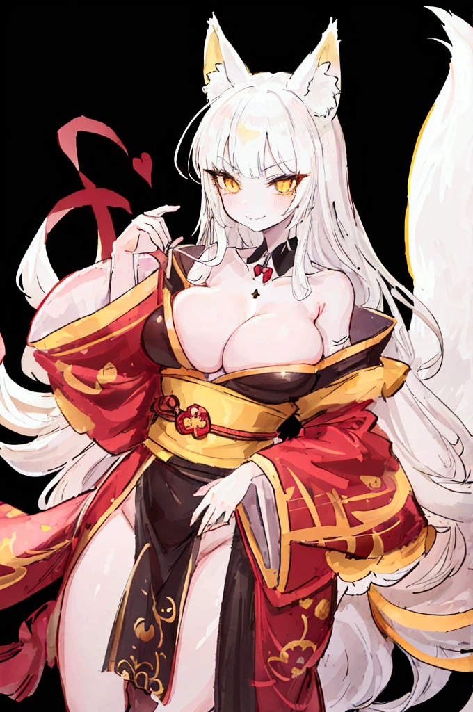 (extremely detailed CG, best quality:1.1), 1girl, perfect face, bright pupils, (finely detailed beautiful eyes:1.1), shiny skin, lustrous skin, wide ????, narrow waist, long hair, fox ears, animal ear fluff, fox girl, yellow eyes, fox tail, japanese clothes, white kimono, fur-trimmed kimono, rope, cleavage, wide sleeves, off shoulder, barefoot, detached collar, talisman,cowboy shot, simple background, black background, ?????????????,evil grin,