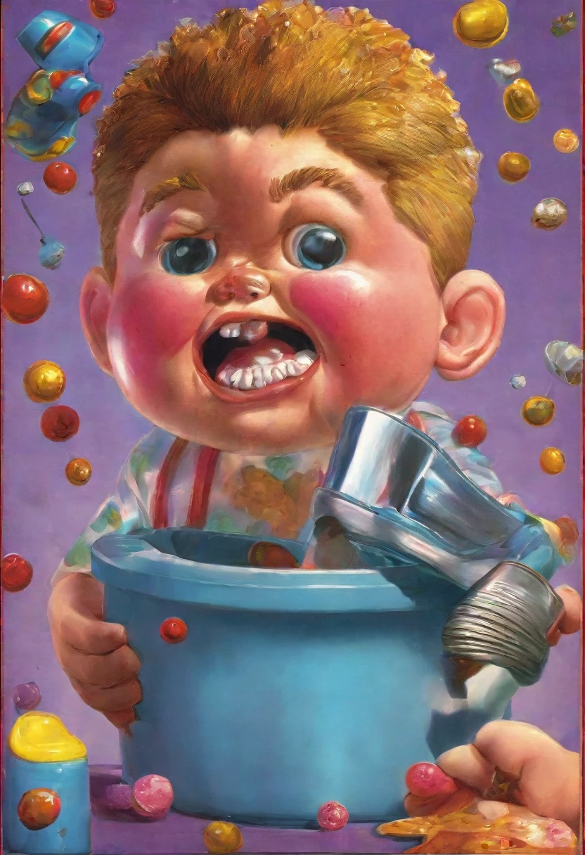 kid popping pimples on his face, ((garbage pail kids style)), in a school, 3d cartoon, high quality, detailed