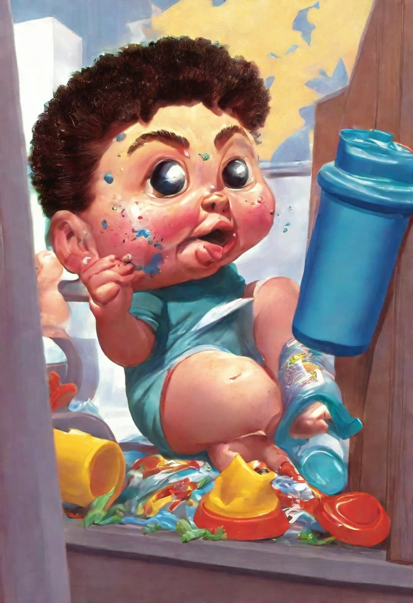 kid popping pimples on his face, ((garbage pail kids style)), in a school, 3d cartoon, high quality, detailed