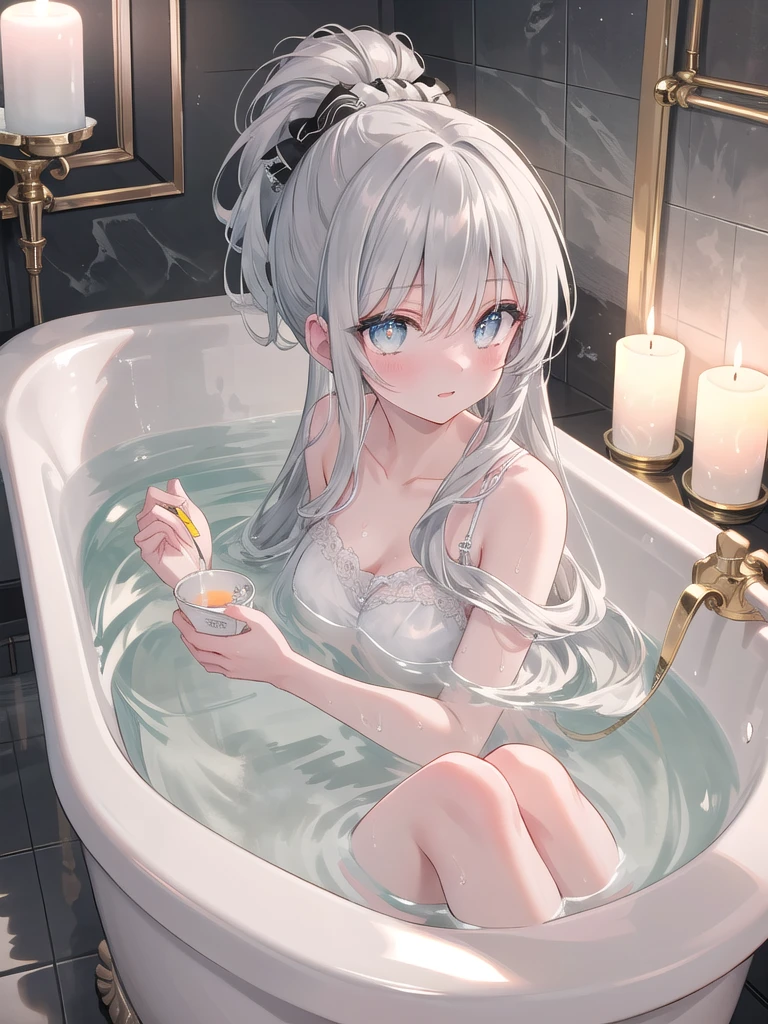 A girl with long white hair lying inside a candlelit bathtub,the bathtub with plenty of foam and she will be happy