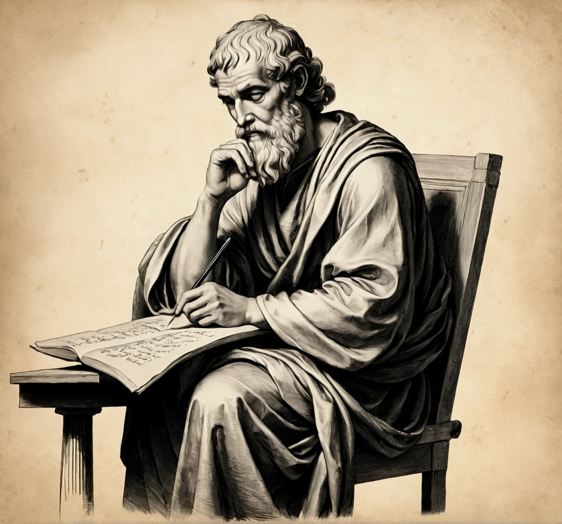 "Portrait of Epictetus seated on a simple chair, writing on parchment, with a contemplative and serene expression."