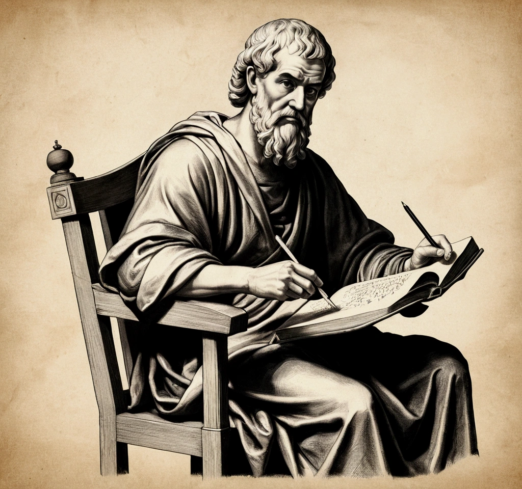 "Portrait of Epictetus seated on a simple chair, writing on parchment, with a contemplative and serene expression."