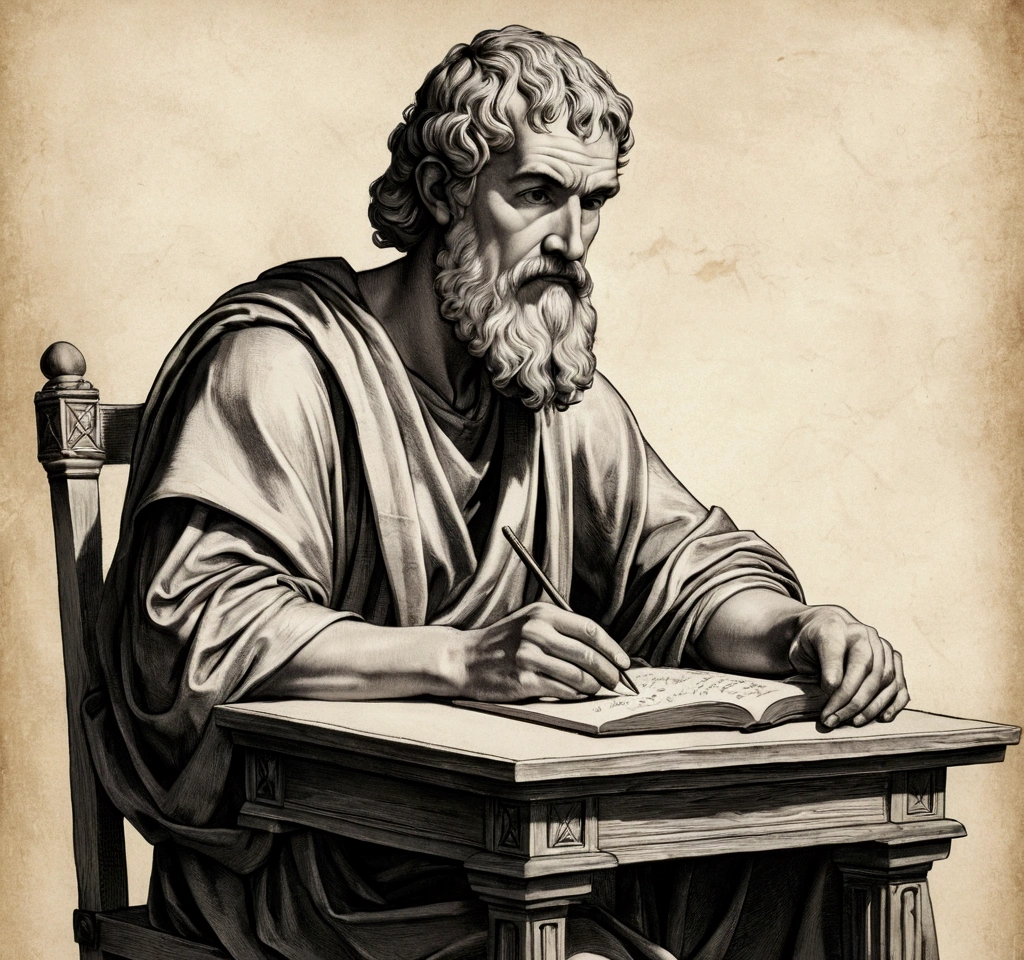 "Portrait of Epictetus seated on a simple chair, writing on parchment, with a contemplative and serene expression."